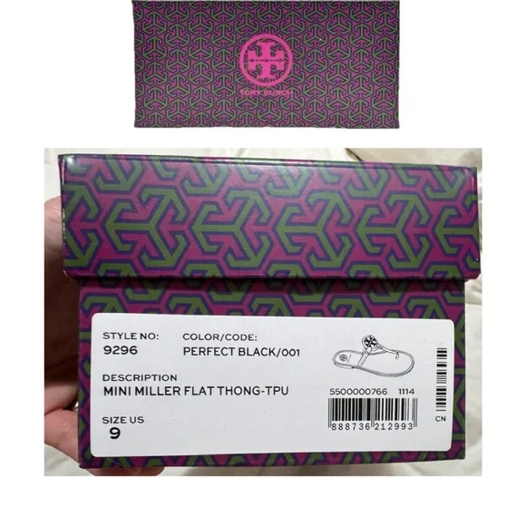 NIB! Sz 9 Tory Burch Mini Miller Thong Sandals in Black/Gold w/Toe Pad - Picture 4 of 12